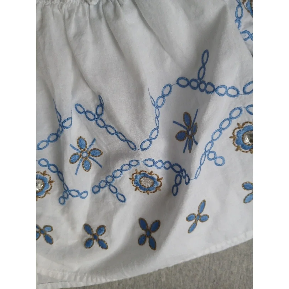 Pure Collection Top Small Embroidered Eyelet Peasant Cottage Boho Tasseled